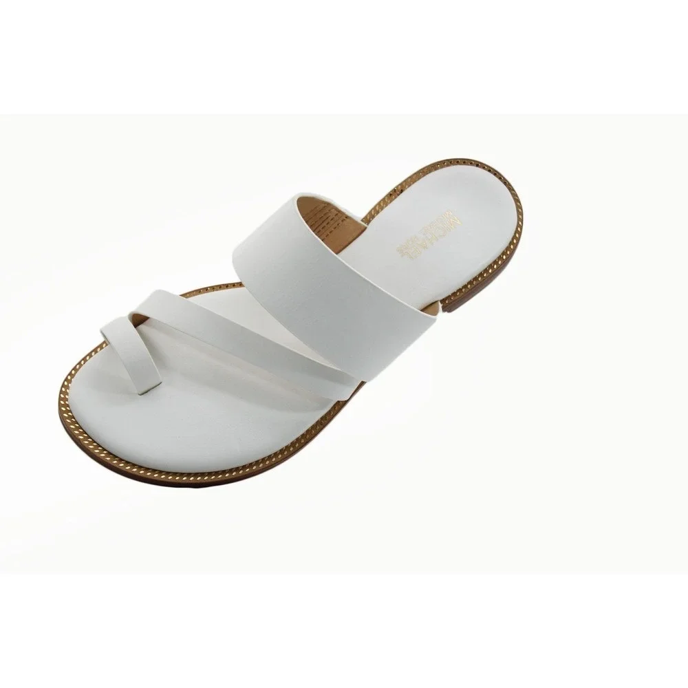 Michael Kors Womens Pratt White Leather Toe Ring Slide  Gold Bead Trim Size 5M